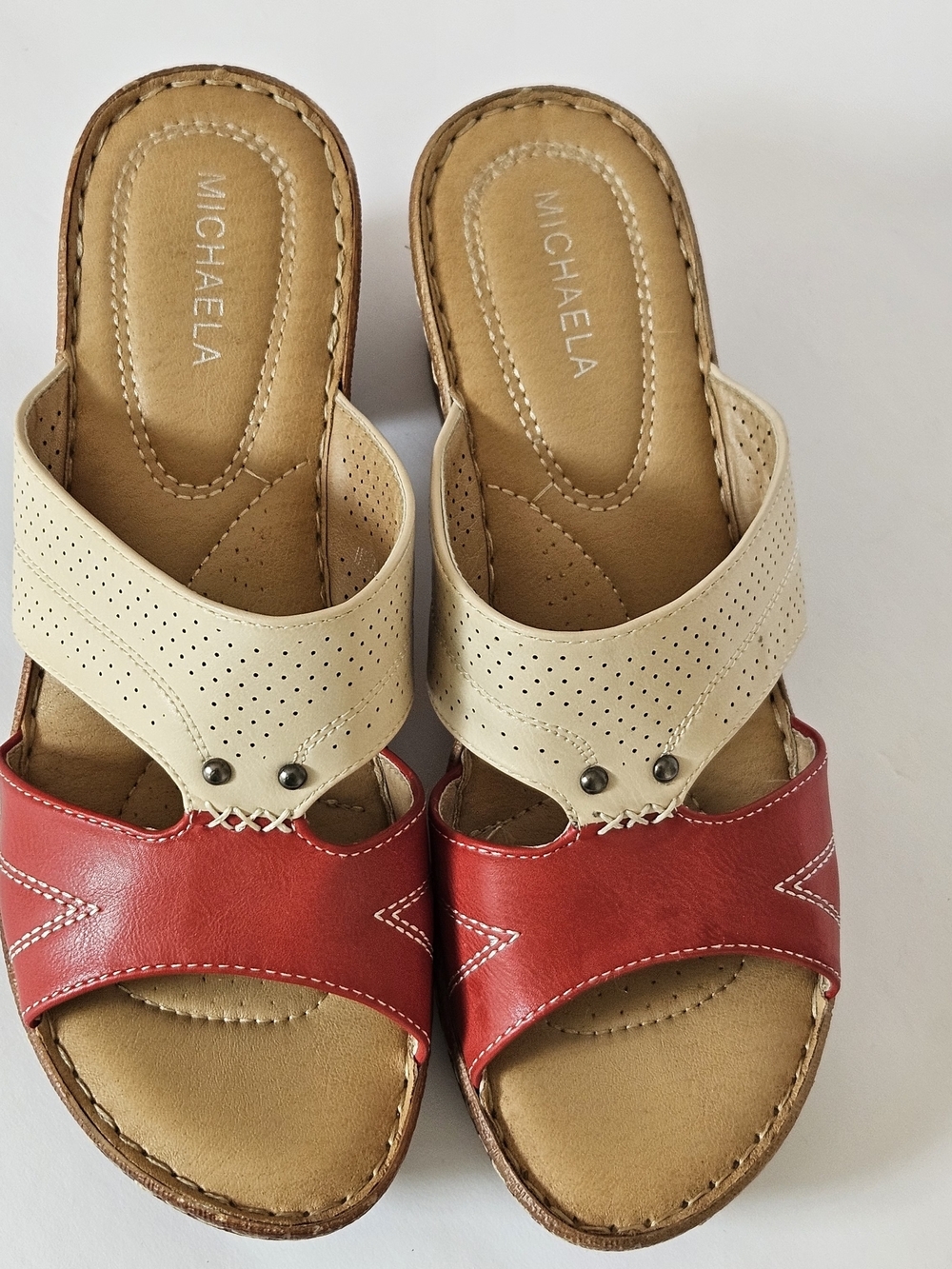 MICHAELA Women's Comfort Wedge Sandals Mules Colorblock Red Cream Size EU 40 - Picture 9 of 13